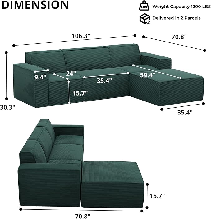 Cozy Castle 106" Modular Sectional Sofa, L Shaped Corduroy Boneless Couch with Deep Seat and Ottoman Chaise Cloud Sofa Upholstered Couches for Living Room Bedroom No Assembly Required (Green)