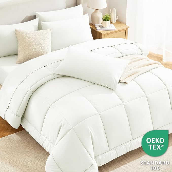 CozyLux Queen Comforter Set Ivory - 7 Pieces Bed in a Bag, Ivory Comforters Queen Size, Bedding Sets with All Season Quilted Comforter, Flat Sheet, Fitted Sheet, Pillowcases