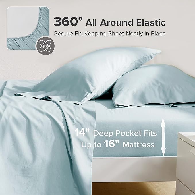 Comfort Spaces 100% Cotton Sheets Cal King, Breathable & Soft Cotton Sheets, Naturally Cool Cotton Bed Sheets with 14" Elastic Pocket Fits up to 16" Mattress, All Season Sheet Set, Light Blue 4 Piece