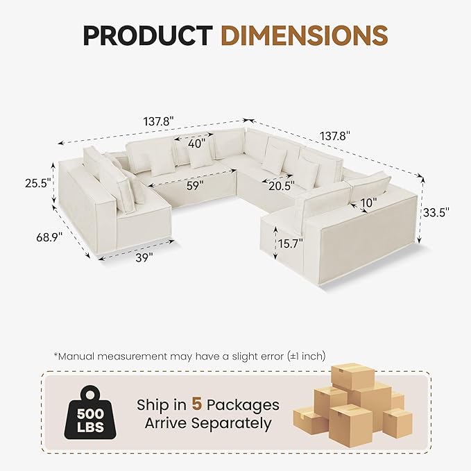 138'' Boneless Chenille U Shaped Couch, Oversized Modular Sectional 9 Seater Sofa, Modern Deep Seat Corner Cloud Compressed Couch, No Assembly Sleeper Sofa with Chaise for Living Room, Beige