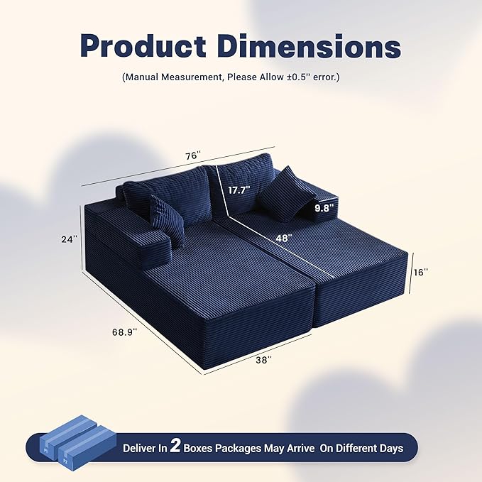 Chaise Lounge Chair, Boneless Couch for Living Room and Bedroom, Set of Sleeper Couches Reading Chairs, Corduroy, Blue