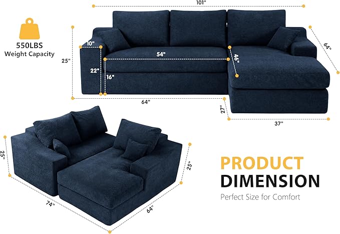 HABUTWAY 101'' Modular Sectional Sofa, Cloud Sectional Couches for Living Room, Comfy Boneless Couch with Deep Seat, Modern L-Shape Sofa with Chaise, No Assembly Required (Blue, Right Facing Chaise)