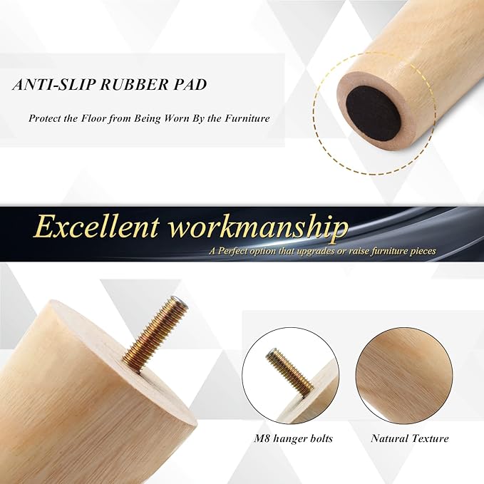 4pcs 4 Inch Wood Furniture Legs, Straight Conical Solid Wood Sofa Legs, Mid-Century Style Furniture Feet for Sofa Cabinet Table Cupboard Couch Ottoman Home DIY Projects