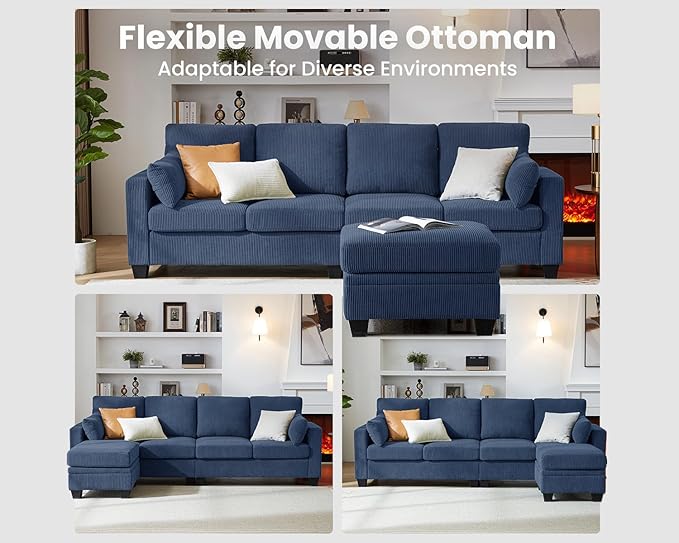 CHIC HOUSE Modular Sectional Sofa with Storage Ottomans, Corduroy Cloud Couch for Small Spaces & Apartments, Reconfigurable L/U Shaped Convertible Corner Sofa (5 Seater Sectional,Blue