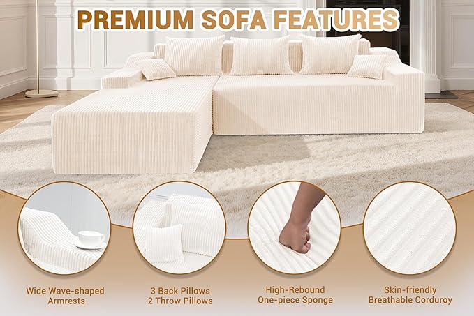 HABUTWAY 101'' Modular Sectional Sofa Cloud Couch with Deep Seat, Modern L-Shaped Convertible Couches Upholstered Couch with Chaise for Living Room Bedroom(Beige, Left-Facing Chaise)
