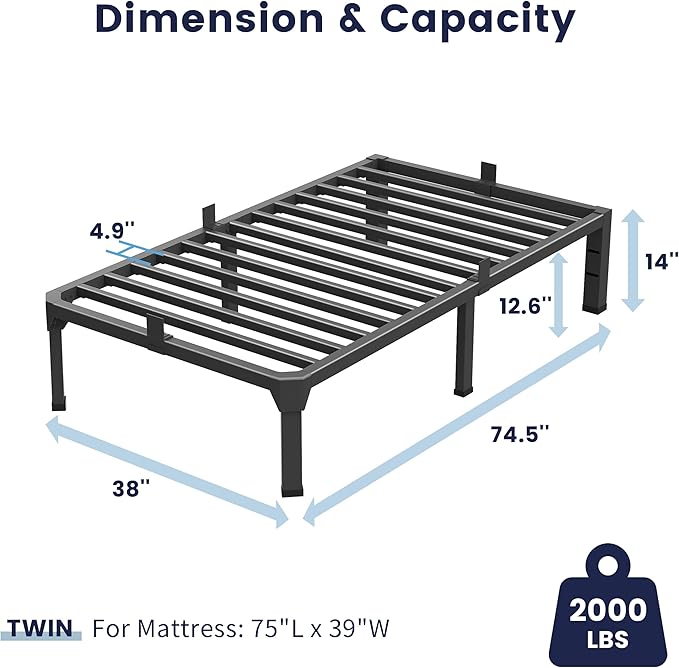 Superay Twin Bed Frame with Mattress Slide Stopper, 14 Inch Metal Platform Bed Frame, Heavy Duty Tall Bed Frame No Box Spring Needed with Large Storage Space, Easy Assembly, Noise Free