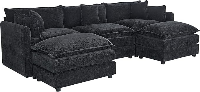 Setawix Deep 3 Seater Couch with Ottomans,112.2" U-Shaped Cloud Couches for Living Room,Chenille Cloud Sofa Couch with Deep Seat,Modular Sectional U Shape 3 Seat Sofa for Bedroom(Black, 3+2)