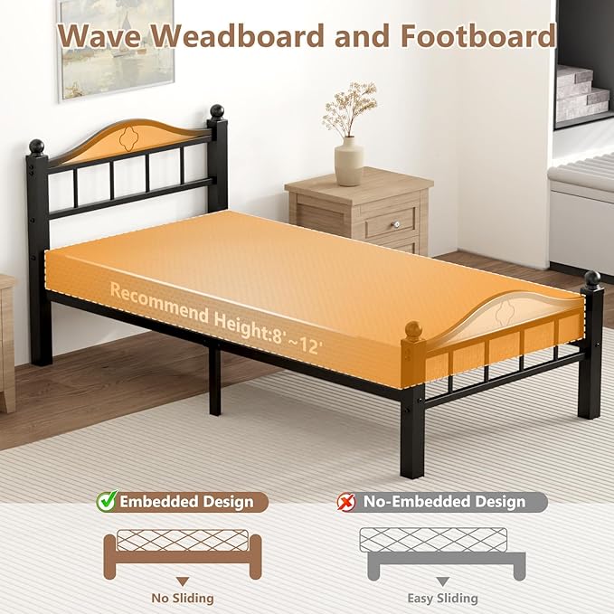 Metal Twin XL Bed Frame, Black, No Squeak Heavy-Duty 1500lbs Support & 12" Clearance Storage Tool-Free Setup in 30 Mins No Box Spring Needed