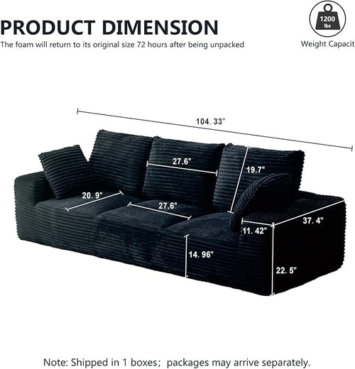 104.3“ Modular Sectional Cloud Couch, Boneless Couches for Living Room, 3 Seater Modern Lounge Couch, No Assembly Required, Black