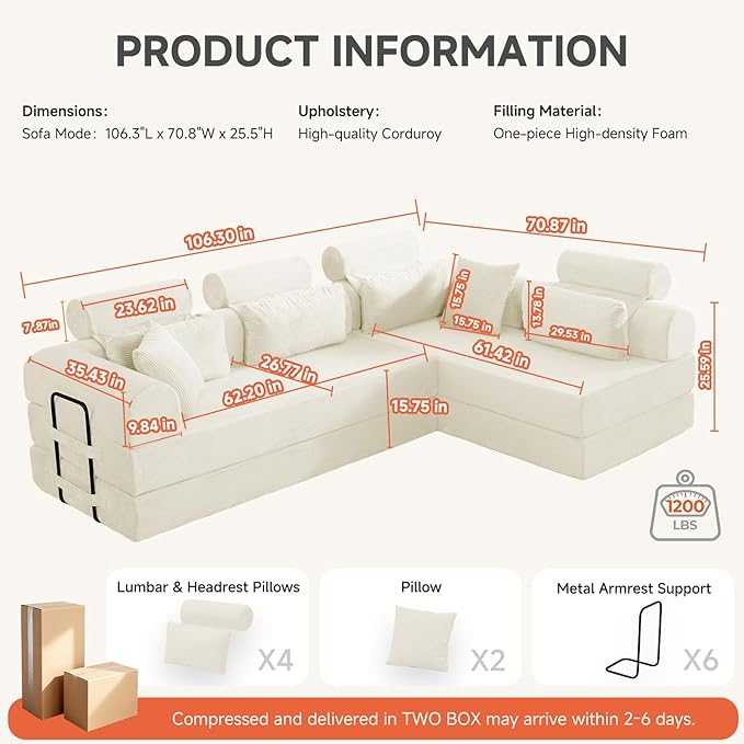 Boneless Sectional for Small Spaces, 106” L Shaped Couch from Two 70.87” Modules, Reconfigures to 141.7” Straight Sofa, Corduroy Compressed Couch in a Box with Headrest Back Pillows, White