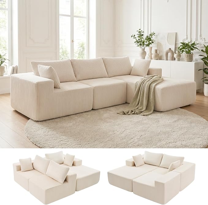 DUMOS 108" Boneless Couch, Cloud Sectional Couch with L-Shape Chaise, Modular Sectional Sofa with Deep Seat, Fluffy Couch for Living Room Bedroom, No Assembly Required (Beige, Right Facing Chaise)