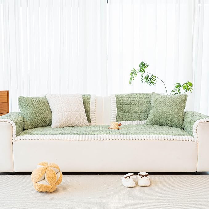 Sofa Pad, Plush Couch Cover Washable for Pet, Non-Slip Warm Couchs Cover, Funny Fuzzy Pet Couch Covers for Sofa, Sofa Slipcovers Furniture Covers for L Shaped(Green, 27.6"x 82.7")