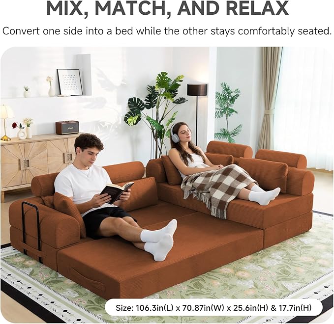 106” L Shaped Boneless Sectional Couch, Two 70.87” Pieces Convert to 141.7” Extra Long Straight Sofa, Corduroy Couch in a Box with Headrest and Back Pillows for Apartment Living Room, Orange
