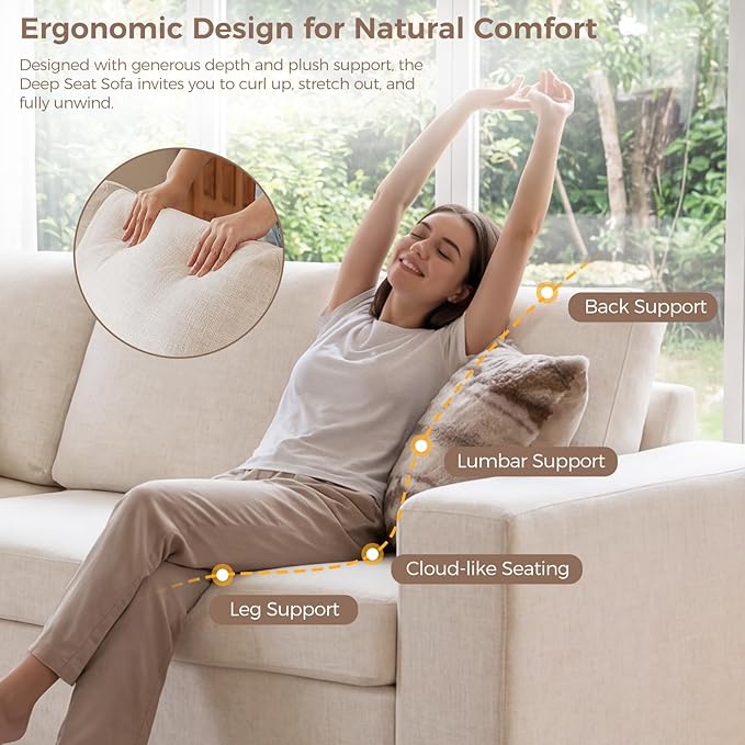 ELUCHANG 85" Modern Couches for Living Room, Natural Linen 3 Seat Sofa, Comfy Deep Seat Sofa, Spring Cushions, Removable Cover, Solid Wood Frame, Easy Assembly Loveseat for Small Space, Beige, 2PCS | Breathable material, Easy to Assemble, Removable Cov...