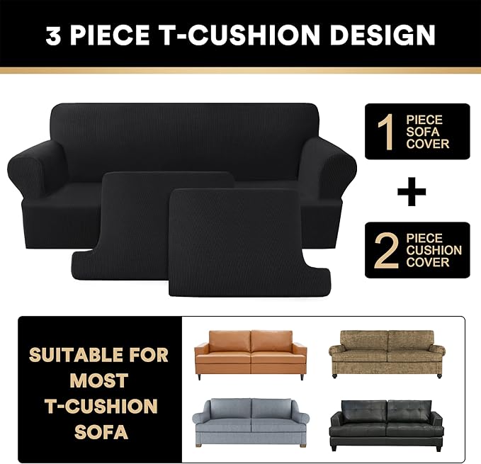 PrinceDeco T Cushion Loveseat Slipcover 3 Pieces Sofa Covers for T Cushion Sofa Stretch Slip Covers for 2 Cushion Couch with 2 Individual T Shape Seat Covers Width Up to 72"- Washable, Black
