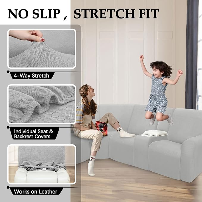 Reclining Sectional Couch Covers L Shape Waterproof Washable Recliner Sofa Cover for L Shaped Sectional Super Stretch Soft Corner Recliner Slipcovers (5 Seater 2 Console Cover, Silver Gray)