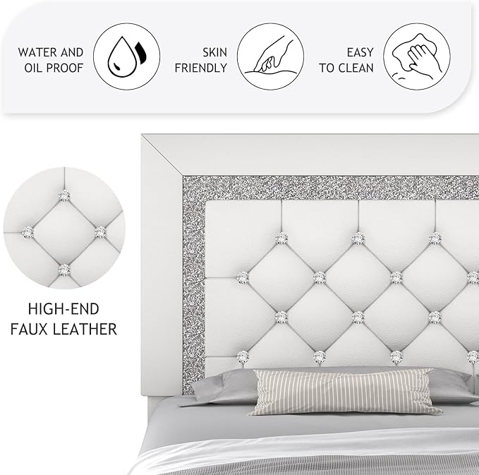 King Bed Frame, Faux Leather Platform Bed with Upholstered Diamond Headboard, Mattress Foundation with Strong Wooden Slats Support, No Box Spring Required, Easy Assembly, White