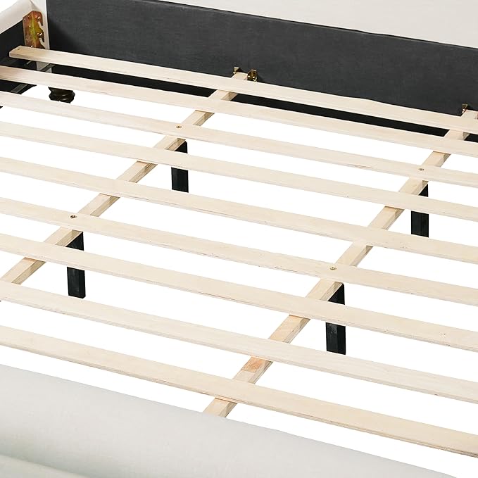 Christopher Knight Home Chenzi Linen Upholstered King Bed Frame and Headboard with Footboard, Wooden Platform King Size Bed Frame and Double-Layer Oval Legs, No Box Spring Needed, Beige