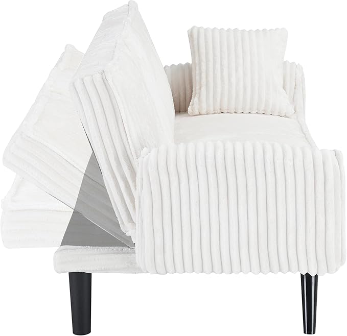72" Convertible Sofa Bed with Foldable Cup Holder,Straight-line Corduroy Sofa,Suitable for Living Room,Bedroom,White