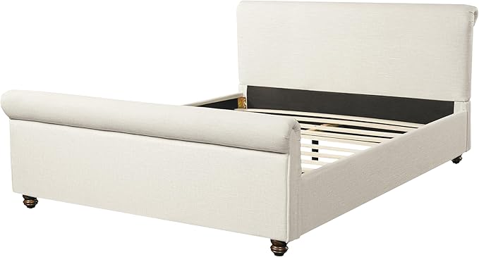 Christopher Knight Home Chenzi Linen Upholstered Queen Bed Frame with Headboard and Footboard, Wooden Platform Queen Size Bed Frame and Double-Layer Oval Legs, No Box Spring Needed, Beige