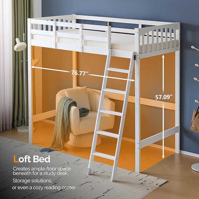 VINGLI Full Loft Bed with USB Charging Station/LED, Solid Wood Double Loft Bunk Bed with Flat Rungs for Kids/Teens/Adults, 15 inches High Guardrail,Wood Slat Support No Box Spring Needed, White