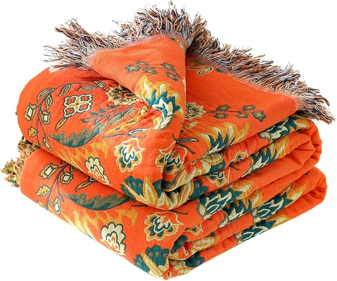 Boho Throw Blanket for Bed 100% Cotton Soft Lightweight Quilt Floral Embroidery Home Decor Spring Breathable Orange Bed Blankets,80"x90" All Season Reversible Blankets for Sofa Couch Chair