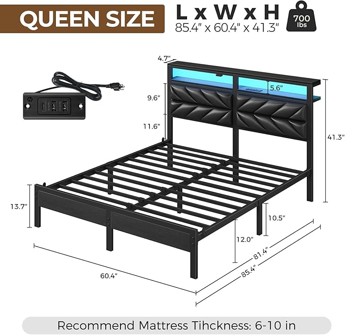 Seventable Queen Bed Frame with Charging Station & LED Lights, Upholstered Headboard with 2-Tier Storage Shelves, Metal Platform with Under Bed Storage, No Box Spring Needed, Easy Assembly, Black