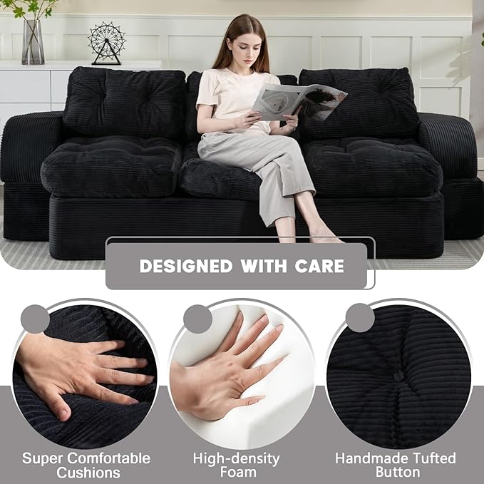 MeMoreCool Floor Sofa Black Boneless Cloud Couch – 3-Seater Convertible Sofa Bed, Tufted Corduroy, No Assembly Modular Cushion Design, Compressed in a Box, for Living Room and Bedroom