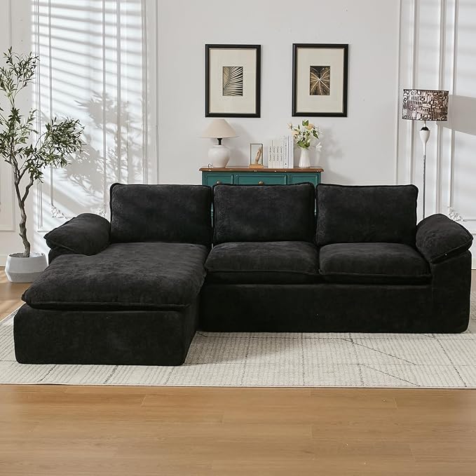 105.6”L Shape Modular Sectional Couch for Living Room, Modern Cloud Sectional 3 Seat Sofa with Oversized Chaise, Woven Texture Upholstery Boneless Couch (Black, Left Facing Chaise)