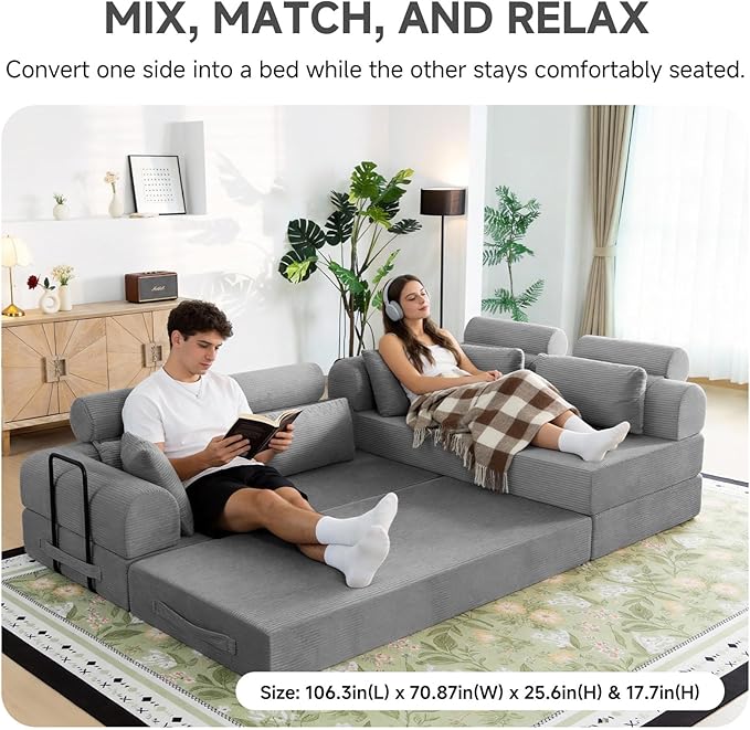 Boneless Sectional for Small Spaces, 106” L Shaped Couch From Two 70.87” Modules, Reconfigures to 141.7” Straight Sofa, Corduroy Compressed Couch in a Box With Headrest Back Pillows, Light Grey