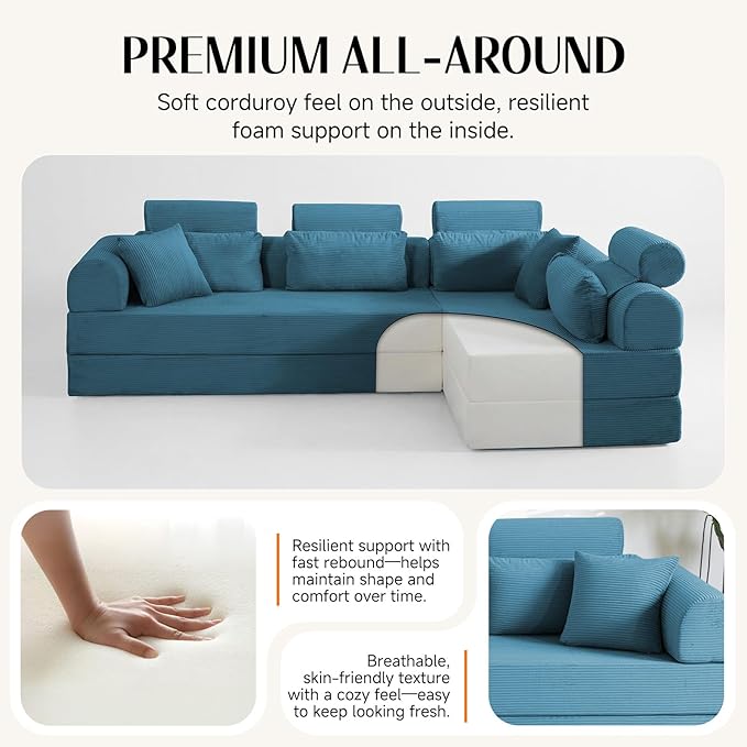 106" L-Shaped Modular Boneless Couch, 2-Piece System (2×70.87"), Convertible Sectional to 141.7" Straight Sofa, Corduroy Couch in a Box, Headrest & Back Pillows for Living Room, Ocean Blue