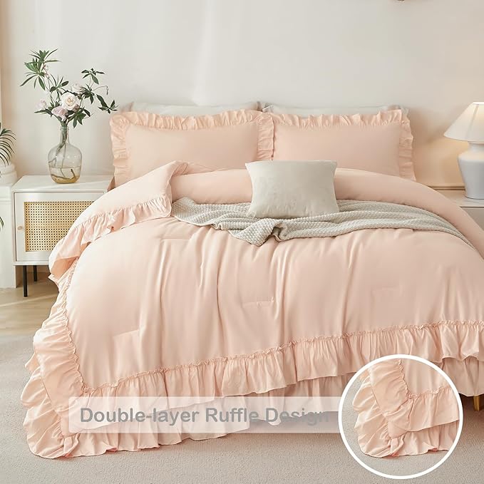 ANGIYUIN Pink Girls Twin Comforter Set 5Pcs Double Ruffled Fluffy Bed in A Bag Solid Color Farmhouse Boho Bed Set Soft Shabby Chic Bedding Comforter Set with Sheets(Pink Twin)