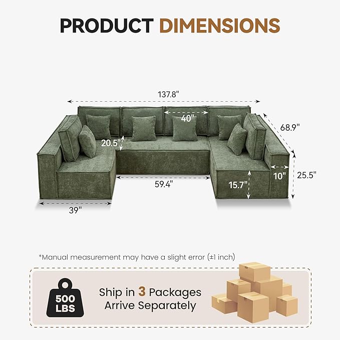 138'' Boneless Chenille U Shaped Couch, Oversized Modular Sectional 6 Seater Sofa, Modern Deep Seat Corner Cloud Compressed Couch, No Assembly Sleeper Sofa with Chaise for Living Room, Green