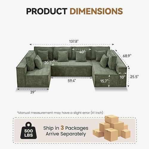 138'' Boneless Chenille U Shaped Couch, Oversized Modular Sectional 6 Seater Sofa, Modern Deep Seat Corner Cloud Compressed Couch, No Assembly Sleeper Sofa with Chaise for Living Room, Green