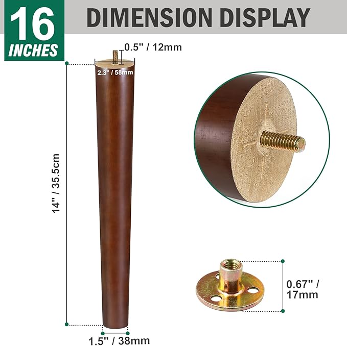 FoDau770 Brown Rubber Wood Furniture Legs 16 Inches, Straight Tapered Wood Feet Mid Century Sofa Legs Set of 4, 5/16" UNC Furniture Feet for Cabinet Couch Dresser Chair Ottoman Table