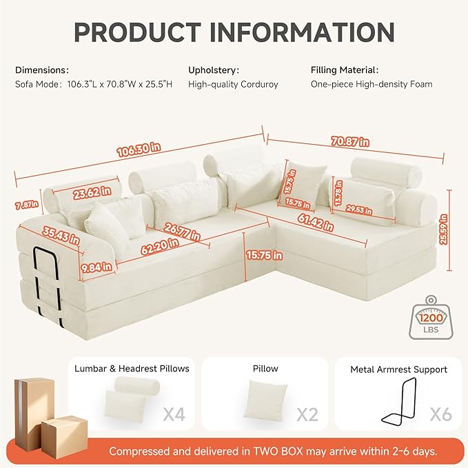 106” L Shaped Boneless Sectional Couch, Two 70.87” Pieces Convert to 141.7” Extra Long Straight Sofa, Corduroy Couch in a Box with Headrest and Back Pillows for Apartment Living Room, White