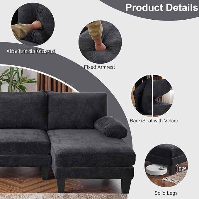 Karl home 111" Sectional Sofa U-Shaped 4-Seat Couch with Chaises Wood Grian Legs Chenille Fabric Upholstered for Living Room, Apartment, Office, Black