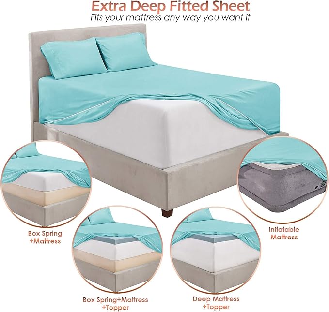 Hearth & Harbor Extra Deep Pocket Sheets - Fits Mattress 18-24 Inches Deep - Extra Deep Pocket Full Size Sets - 6 Piece Full Size - Full - Aqua Blue