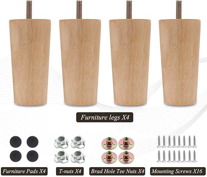 4pcs 4 Inch Wood Furniture Legs, Straight Conical Solid Wood Sofa Legs, Mid-Century Style Furniture Feet for Sofa Cabinet Table Cupboard Couch Ottoman Home DIY Projects
