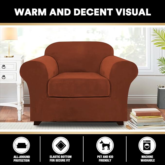 PrinceDeco Velvet Plush Couch Cover Stretch 2 Piece Chair Cover Chair Slipcover Washable Furniture Protector Couch Soft with Elastic Bottom Armchair Cover Width Up to 49 Inch(Small, Rust)