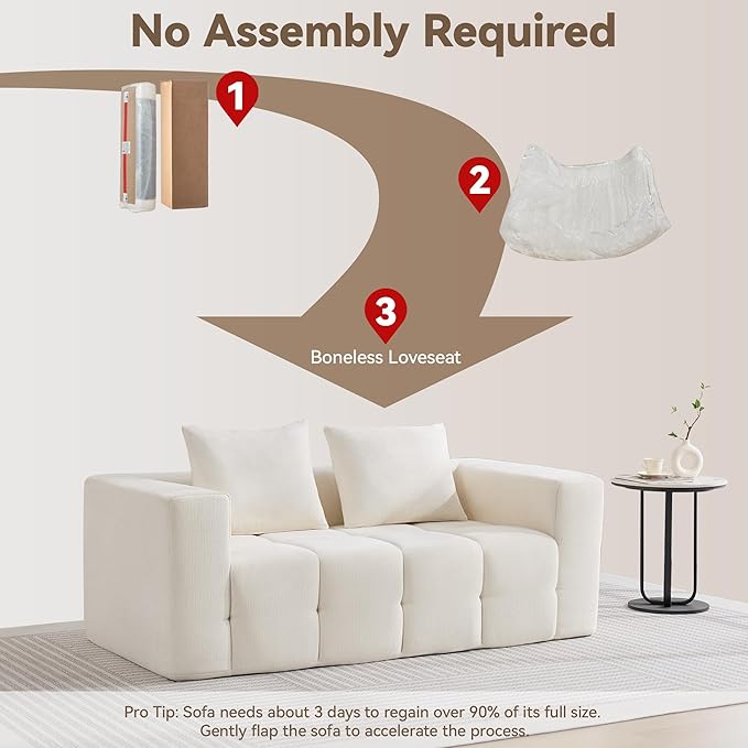 72" Loveseat Boneless Couch, Cloud Sectional Couch with Deep Seat, High-Density Memory Foam and Chaise, Love Seat Sofa, Boneless Couches for Living Room, No Assembly Required Tufted Sofa, Beige