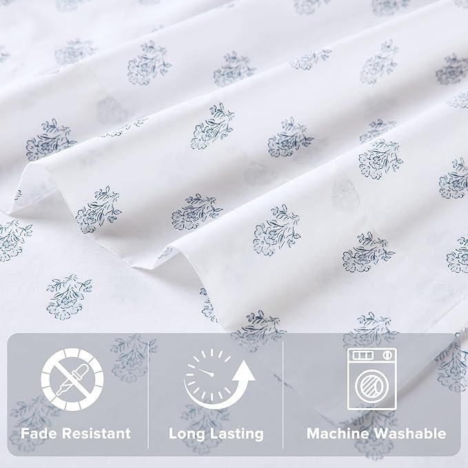 Comfort Spaces 100% Cotton Sheets Twin, Breathable, Naturally Cool Cotton Sheets, Soft Cotton Bed Sheets with 12" Elastic Pocket Fits up to 14" Mattress, All Seasons Sheet Set, Floral Blue 3 Piece
