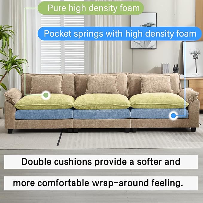 120" Modular Sectional Sofa, Comfy Cloud Couch Sectional, Chenille Sofa Sleeper Deep Seat Sofa with Throw Pillows for Living Room (Khaki, 120"- 3 Seater)