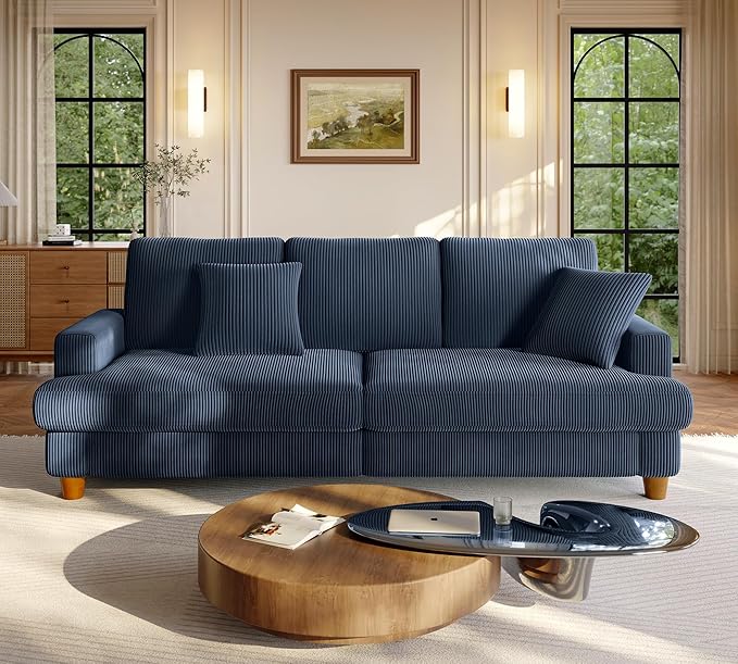 87.2" Couches for Living Room, Comfy Blue Couch 7.5" Extra Thick Cushion, Sofas for Living Room Tool-Free Setup, Loveseat Sofa 848lbs Support, Corduroy Couch for Bedroom, Apartment, Office