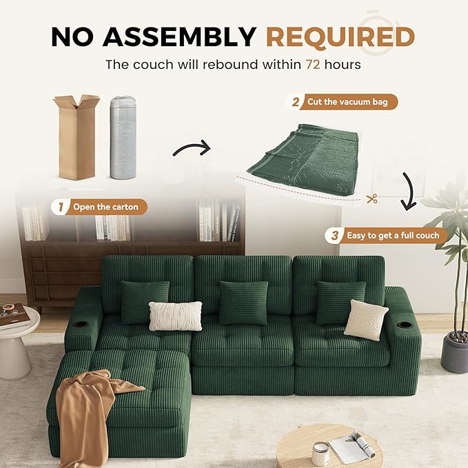 112" L Shaped Cloud Boneless Couch,Modern Modular Sectional Sofa with Layered Cushion,No Assembly Convertible Corduroy Couches for Living Room,Green 1 PCS