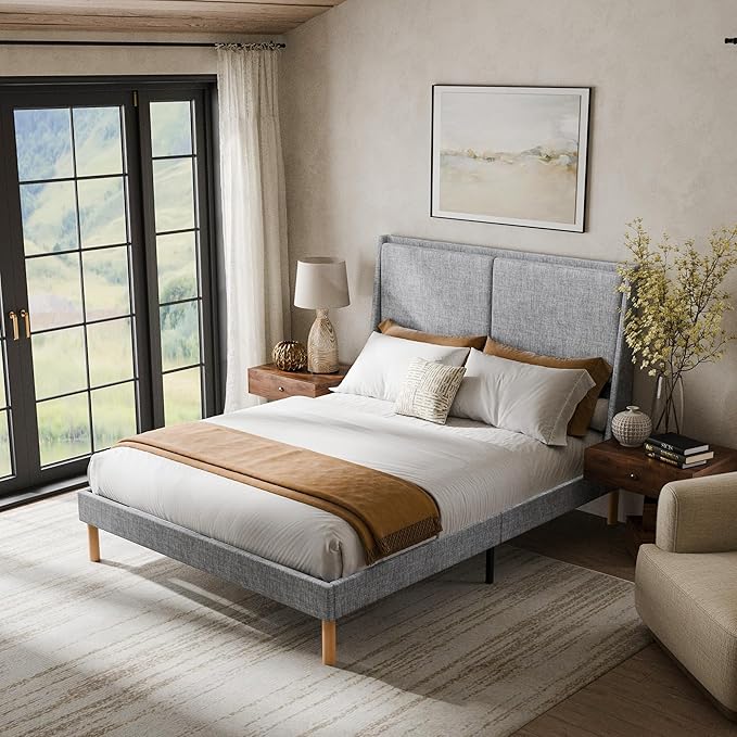 Cozy Castle Queen Size Upholstered Platform Bed Frame with 51.2" Tall Wingback Headboard, Double Backrest Metal Bed Frame, No Box Spring Needed, Easy Assembly, Bedroom Furniture, Grey