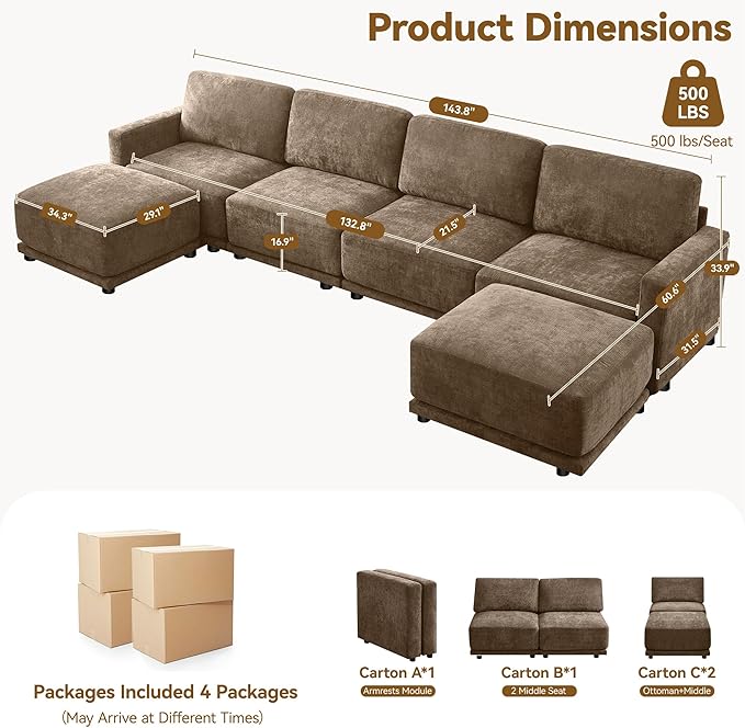 143.8" Modular U Shaped Sofa, Oversized Sectional Cloud Couch, 6 Seater Deep Seat Couches with 2 Movable Ottomans, Comfy Thickened Sofas for Living Room, Chenille Brown