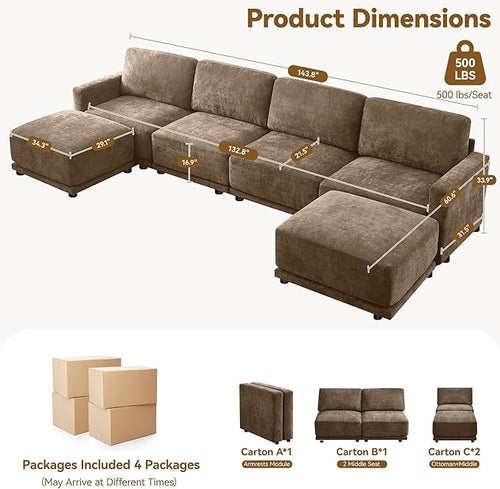 143.8" Modular U Shaped Sofa, Oversized Sectional Cloud Couch, 6 Seater Deep Seat Couches with 2 Movable Ottomans, Comfy Thickened Sofas for Living Room, Chenille Brown