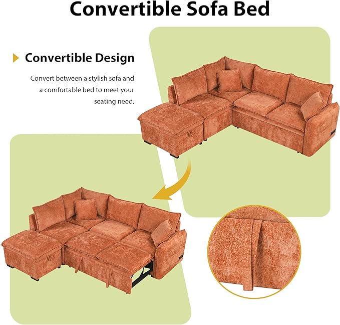 LUMISOL 82.7" Convertible Sleeper Sofa Bed with Storage Ottoman, L-Shaped Sectional Sofa with Pull Out Bed, USB Ports, Chenille Sleeper Sofa Couch with Chaise for Living Room, Orange