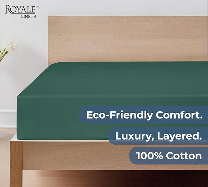 Royale Linens 100% Organic Cotton Fitted Sheet - Percale Weave - Super Soft Deep Pocket Bottom Sheets - Elastic Sheet Queen Size - Queen Fitted Sheets Only - (60"x80"+15", Hunter Green)